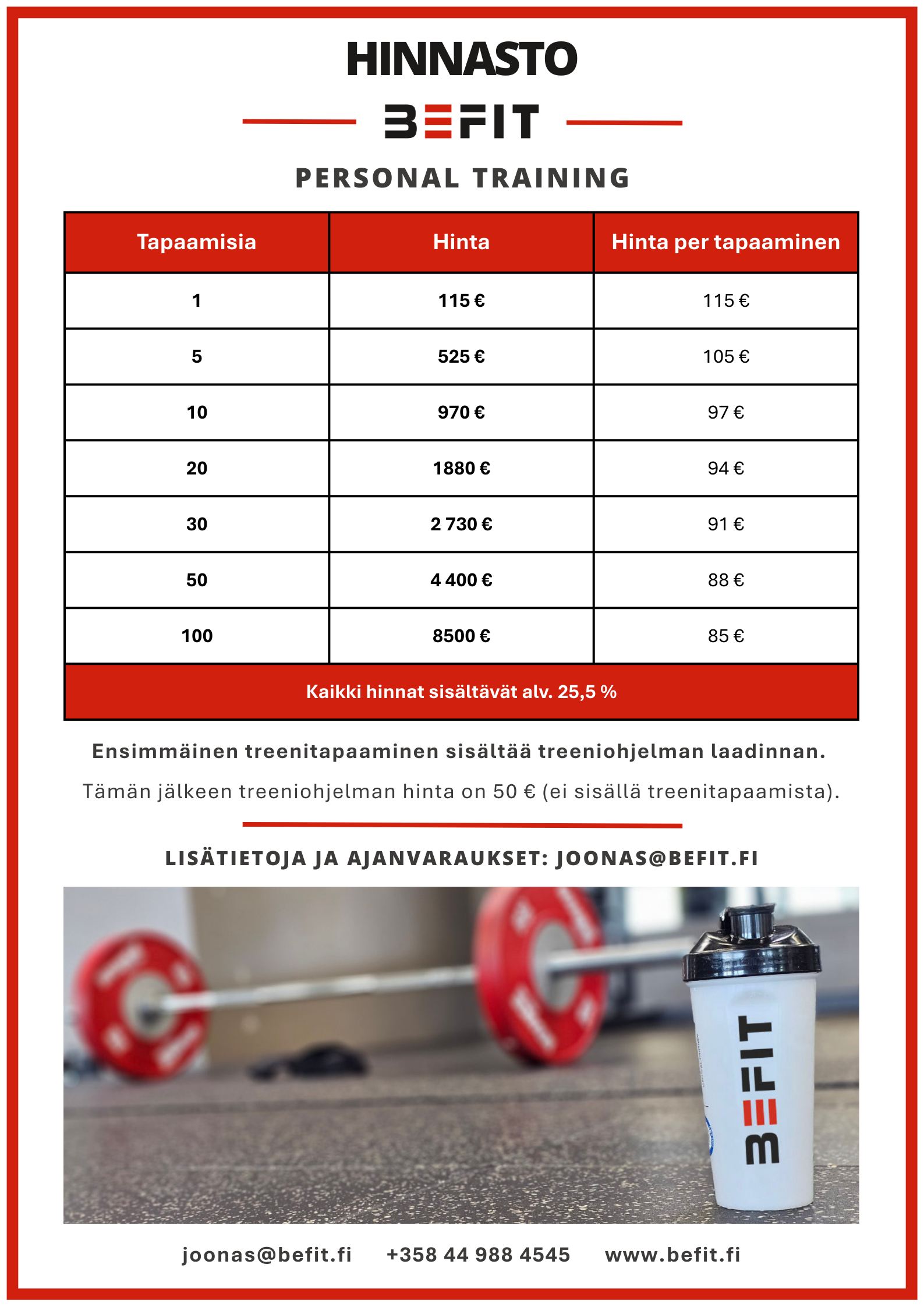 Personal Training Hinnasto