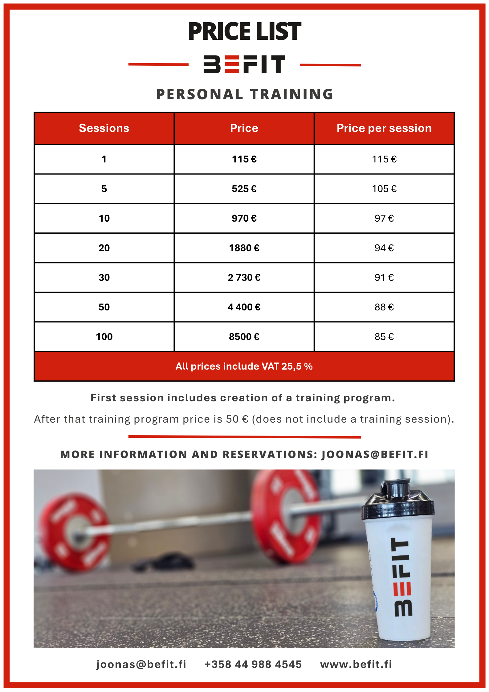 Personal Training Price List